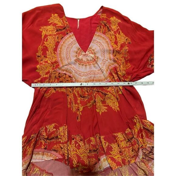 Free People Sunset Dreams printed flare sleeve blouse sz Small red - Picture 13 of 16